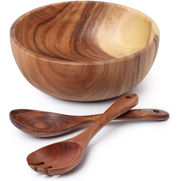 

Amazon Best-selling 10 14 16 18 20cm Acacia Wooden Fruit Food Bowl Set with Salad Spoons Server, Natural color