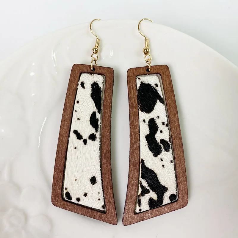 

Creative Jewelry Minimalist Horse Hair Geometric Symmetry Leopard Geometric Drop Wooden Leather Earrings for Women, Wood color