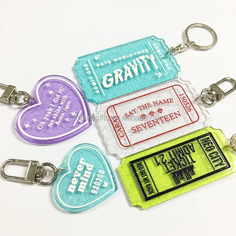 Custom Acrylic Ticket Motel Heart Shape Color Acrylic Glitter Keychain