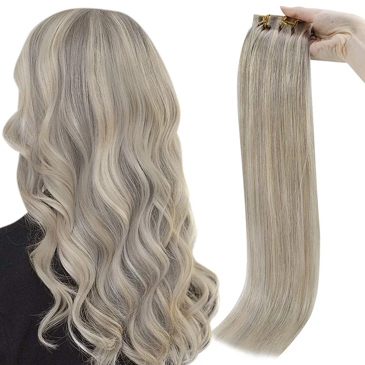 

Full Shine Clip in Hair Extensions Grey Blonde Highlight Platinum Blonde #19A/60 Invisible PU Clip in Remy Human Hair Extensions