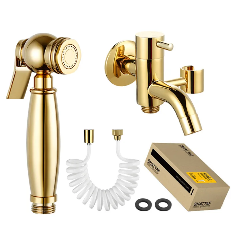 

Titanium golden toilet spray gun set washing machine connector water nozzle all copper pressurized washer TPU telescopic spring