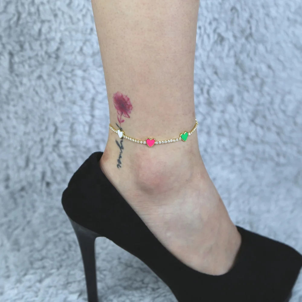 

Rainbow Enamel Heart Eharm Anklet CZ Zircon Tennis Chain Anklet Pink White Yellow Hearts Women Fashion Jewelry Wholesale