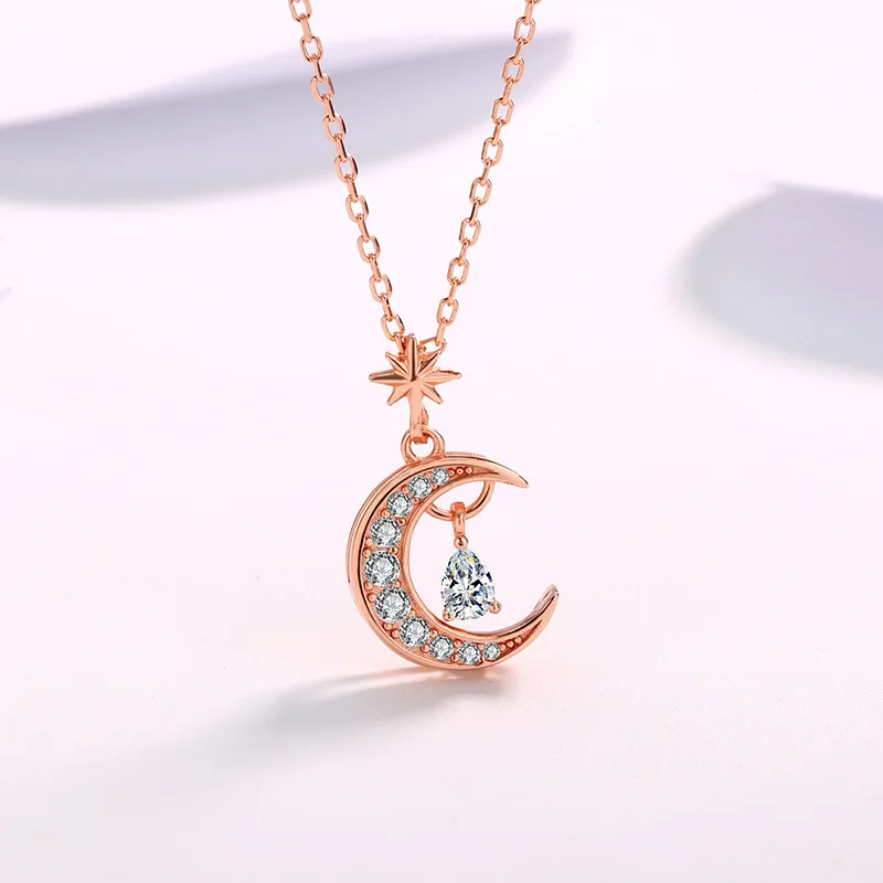 

Newest Sparkling Real 925 Silver Crystal Moon Star Pendant Necklace Micro Paved CZ Zircon Crescent Moon Neclace