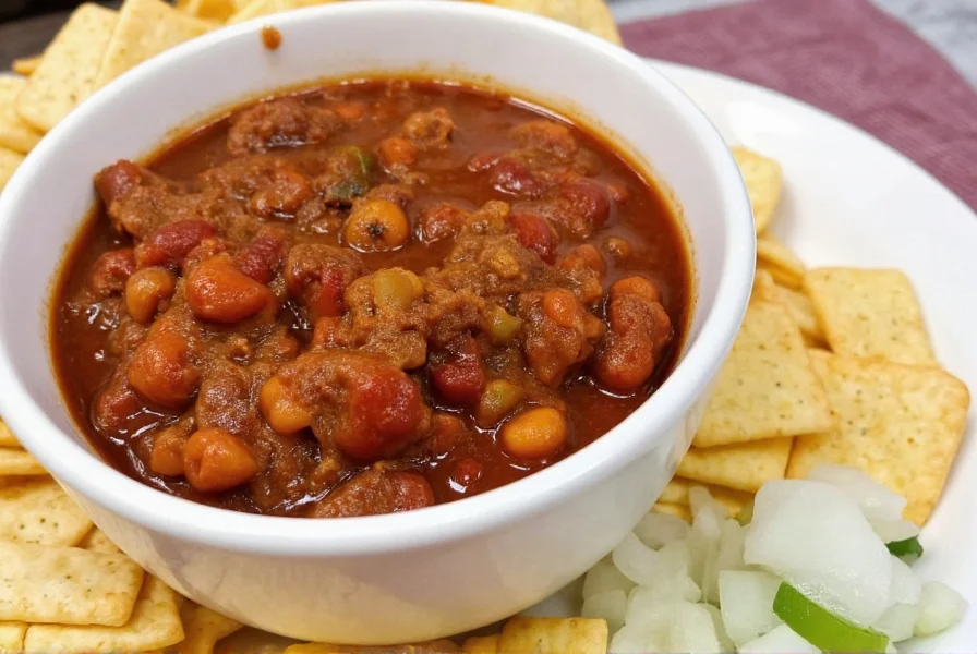 Traditional Denison chili served in white bowl with side of saltine crackers and diced onions