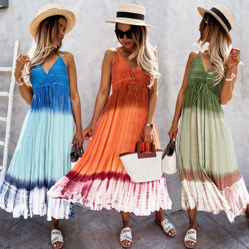 

2022 Vestidos Summer Dress Cheap Ladies Party Printing Maxi Long Sleeveless Causal Sexy Tie Dye Dresses, Customized color
