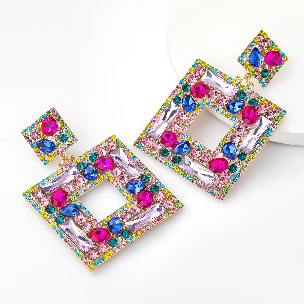 

Vintage Multi-color Bling Rhinestone Diamond Square Stud Earrings For Women 2021 Fashion Statement Earrings Jewelry, Picture shows