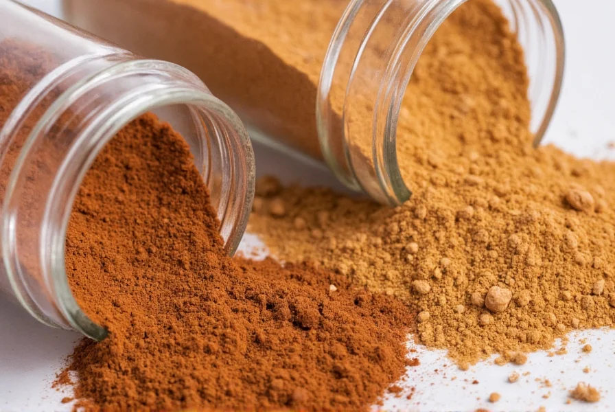 Close-up of Ceylon cinnamon powder and cassia cinnamon powder in separate glass jars showing subtle color differences