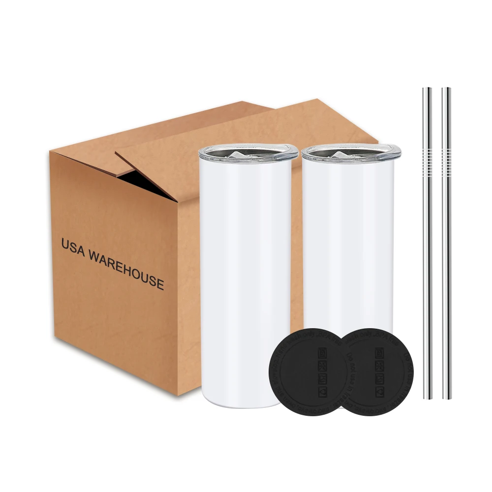 

USA Warehouse 20oz Skinny Straight stainless steel Sublimation Blanks Tumbler With Rubber Bottom Metal Straw