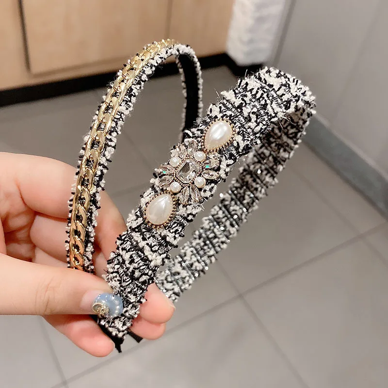 

JUHU New style light luxury temperament fabric headband retro handmade ladies headband diamond pearl hair accessories for women, Colorful