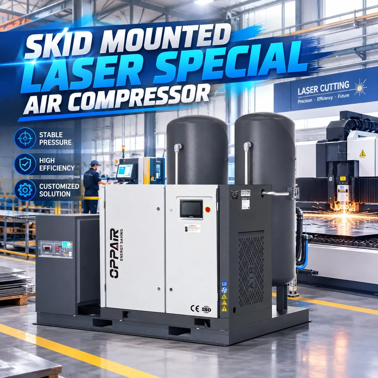 OPPAIR Skid Mounted Laser Special Screw Air Compressor in Workshop