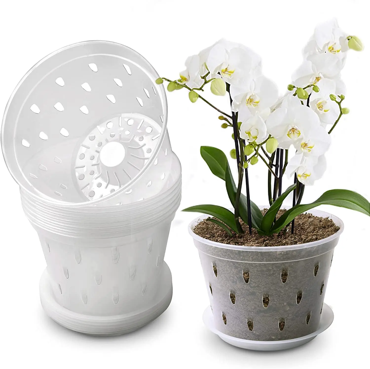 

2022 Amazon clear plastic Orchid Pot 5 Inch 6 Pack Orchid Pots with Holes and Saucers Clear Plastic Orchid Pots, Transparent or customized