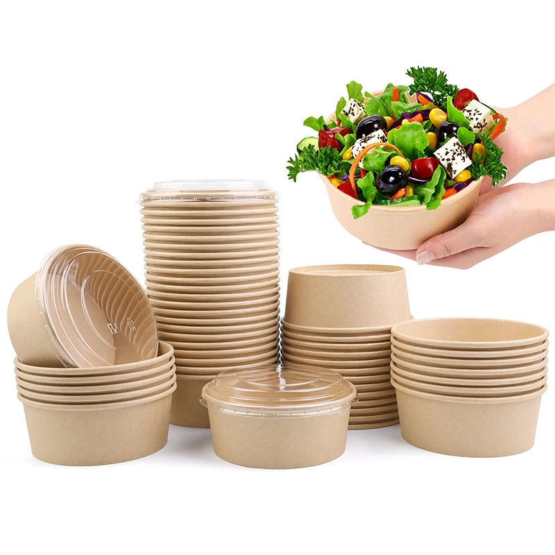 

RTS 12 16 24 32Oz Disposable Custom Kraft Paper Fast Food Packaging Noodle Salad Bowl To Go Paper Soup Cups Container With Lids