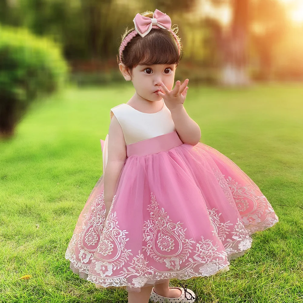

Wholesale Lace Bow Flower Girl Dress Party Wedding Birthday Kids Clothes Elegant Baby Girl Dress, Picture shows