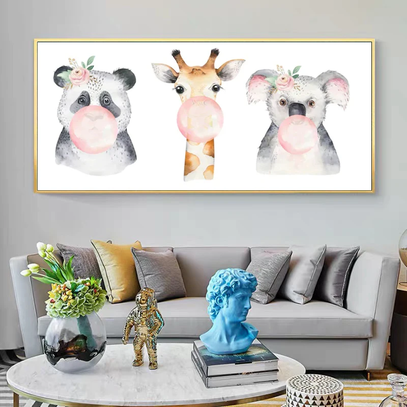 

Cartoon Animal Posters Blowing Bubbles Panda Giraffe Canvas Paintings Prints Wall Art Picture For Kids Bedroom Decor