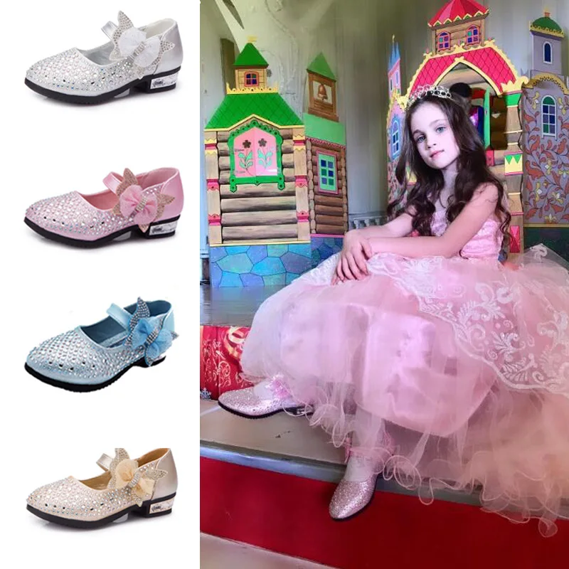 

Performance bling bling diamond bow kids dress dance girl princess shoes, Silver/golden/pink/blue