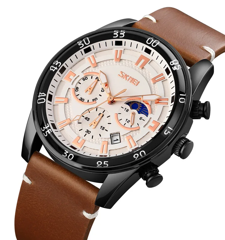 

SKMEI 9249 Brand New Mens Watches Leather Luxury Sports Quartz Watches Men Wrist Relogio Masculino, Brown-white,brown-black,black-blue,black-black