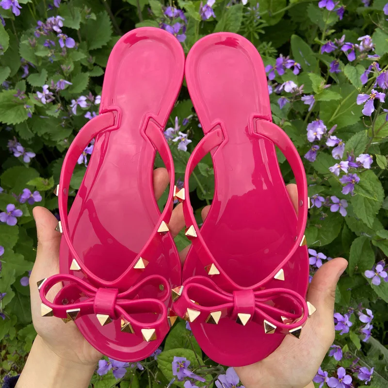 

Cheap high quality Summer ladies studded sandals flip-flops bow women clear rivets slides slippers shoes clip-toe jelly shoes
