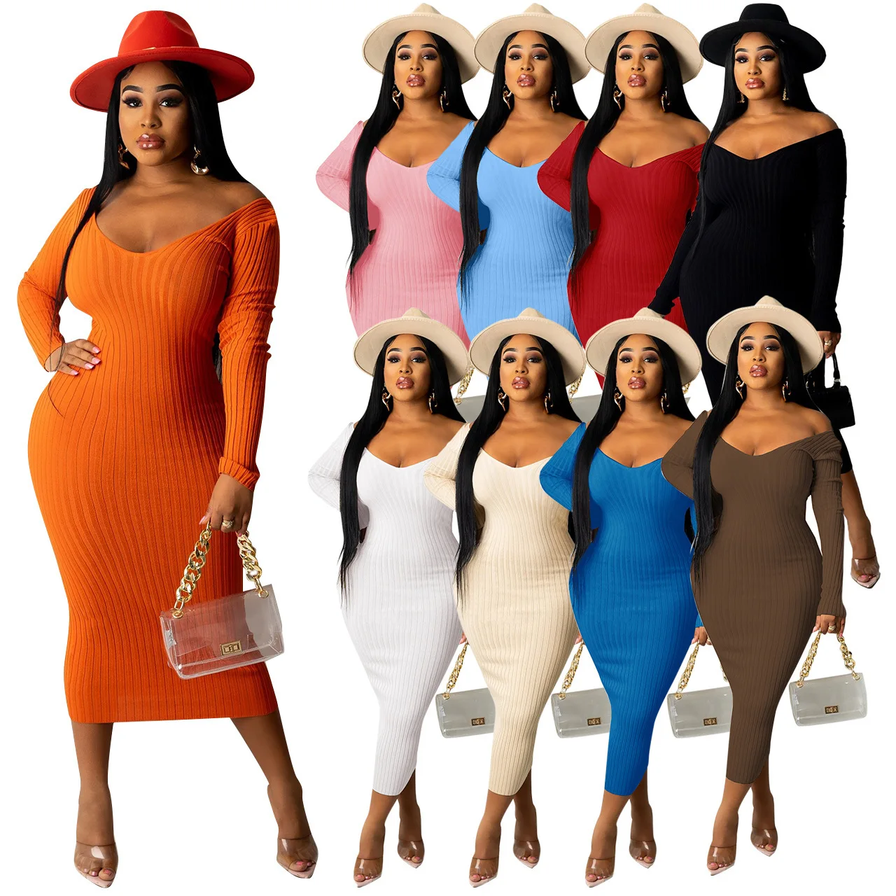 

2021 Fall Rib Knit Long Sleeve Bodycon Tight Pencil Maxi Plus Size Dresses Deep U-neck Women Casual Dress