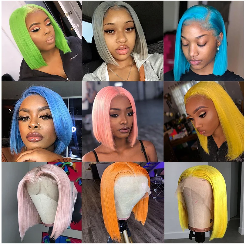 13x4 Short Bob Lace Front Human Hair Wigs Colored Virgin Hair Wigs Pre Plucked 613 Blonde Red Pink Blue Orange Yellow Hair Wigs.png