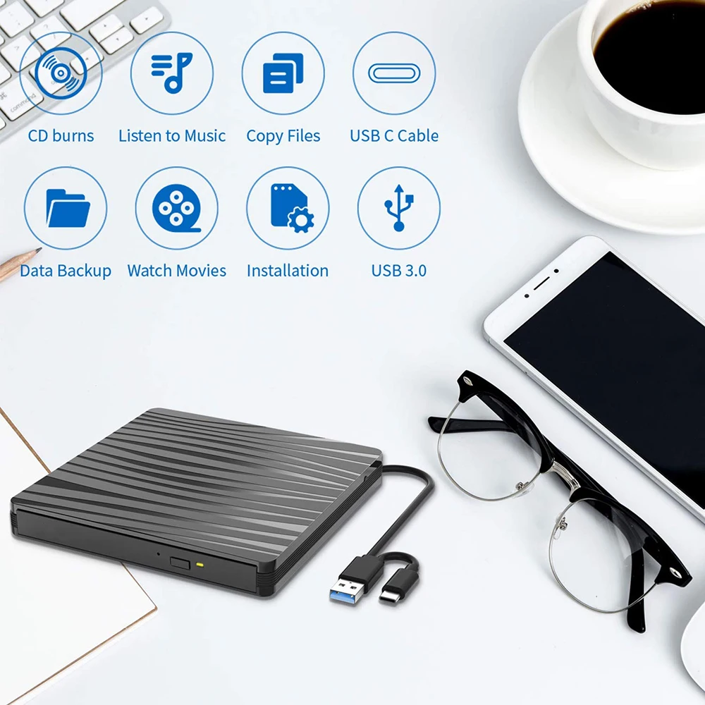 
Raycue Play and Plug USB 3.0 & Type C High-Speed Data Transfer Player Portable External DVD/CD Drive Burner 