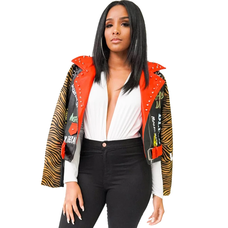 

YD-19515 winter ladies casual long sleeve rivet tiger printed PU street plus size winter jackets for women