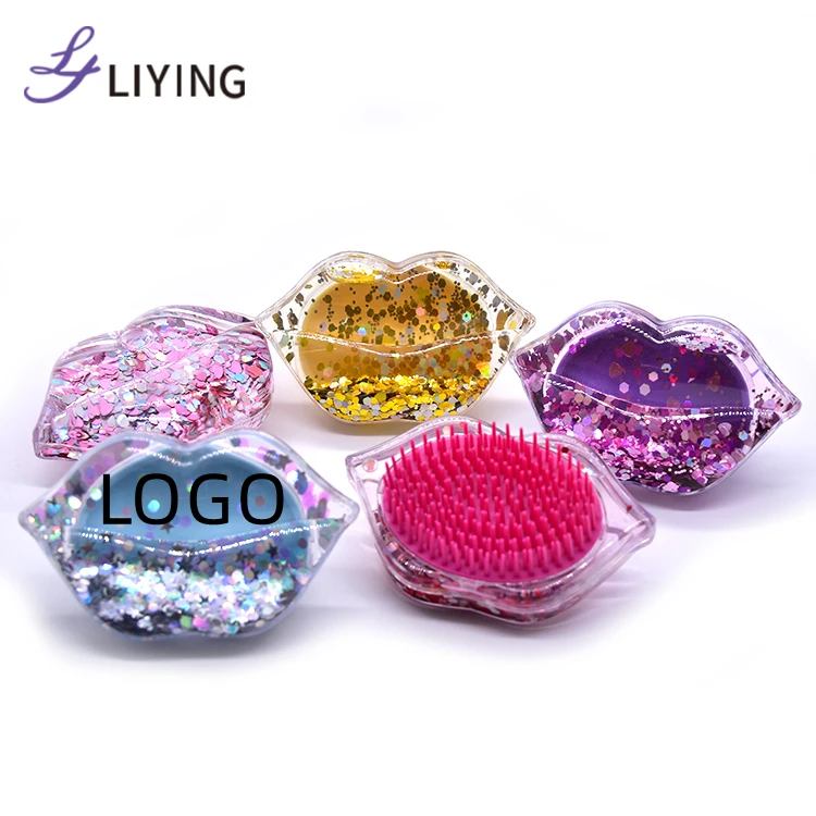 

Private label detangling brush custom logo liquid glitter lip shape mini detangle hair brush, Customized color