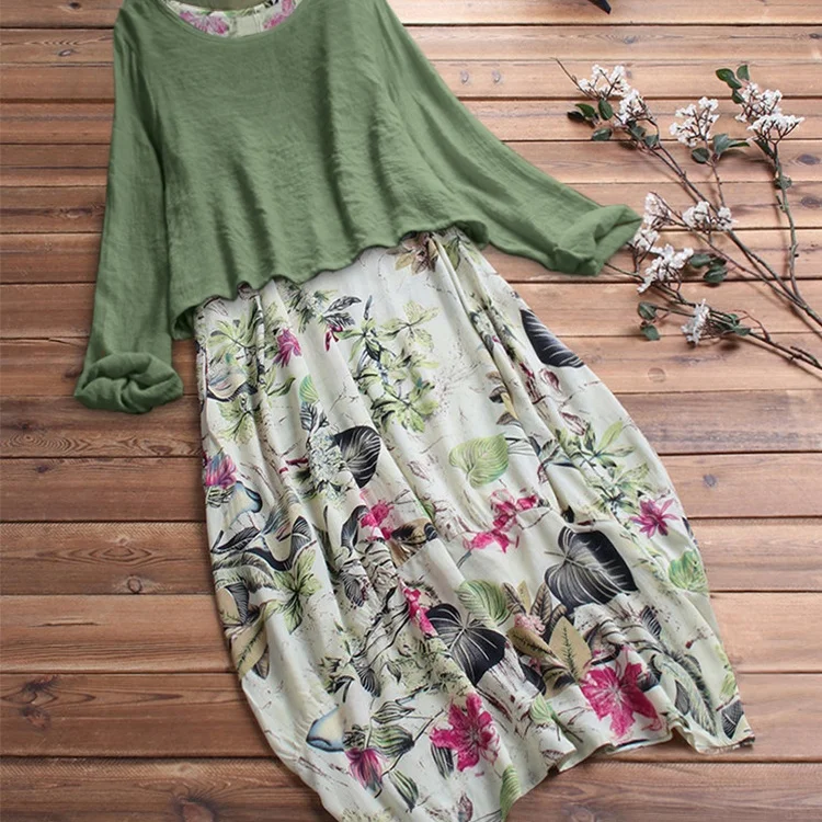 

Hot Sale Floral Print Dress Green Linen Blend Top & White Floral Linen Blend Midi Long Floral Dress, Customized color