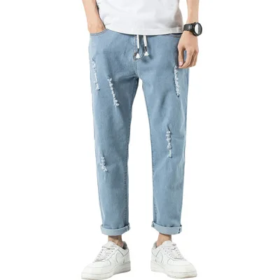 

2021 New Spring Fashin Men Stretch Straight Jeans Length Denim Jogger Pants Mens Ripped Tapered Jeans