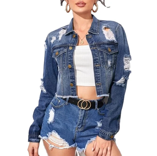 

2021 New Arrival Factory Customized Button Women Jean Plain Denim Jacket With Holes In The Rough Hem