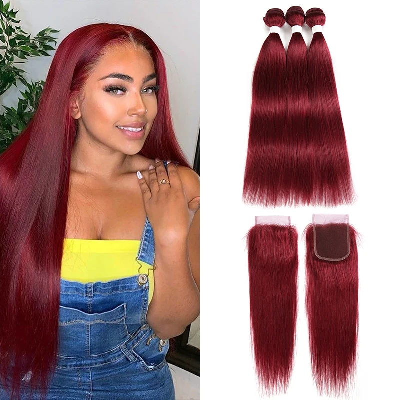 

99J/Burgundy Red Colored Human Hair Weave Bundles With Lace Closure 4x4 Brazilian Straight Non-remy Hair Weft Extensions, Natural colors