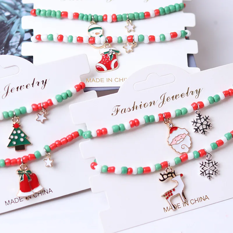

Wholesale Christmas Jewelry Beaded Santa Claus Elk Bracelet Adjustable Enamel Christmas Tree Charm Bracelets