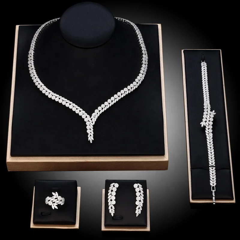 

New African wedding jewelry set Exquisite Micro AAA cubic zircon 4pcs luxury Dubai bridal necklace earrings bracelets ring sets, Customized color