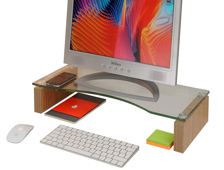 
Living Room Office Oak and Tempered Glass Monitor Riser Stand 