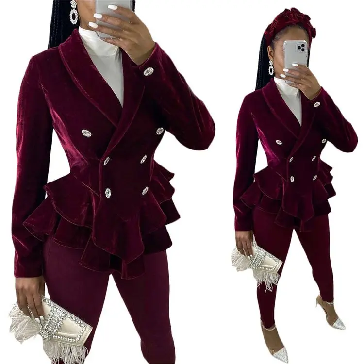 

12136NA cheap apparel ruffles solid color long sleeve deep v neck velvet woman clothing jacket clothes