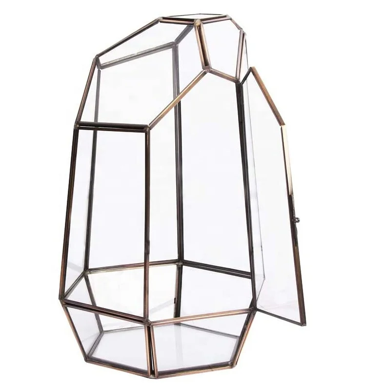 

Amazon Hot Sellling 25 Height Terrarium Glass with Lid Door Geometric Flower Pot for Succulent Planters, Golden,black