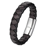 

Vintage Style Custom Logo Stainless Steel Magnetic Clasp Cowhide Braided leather Bracelet for men
