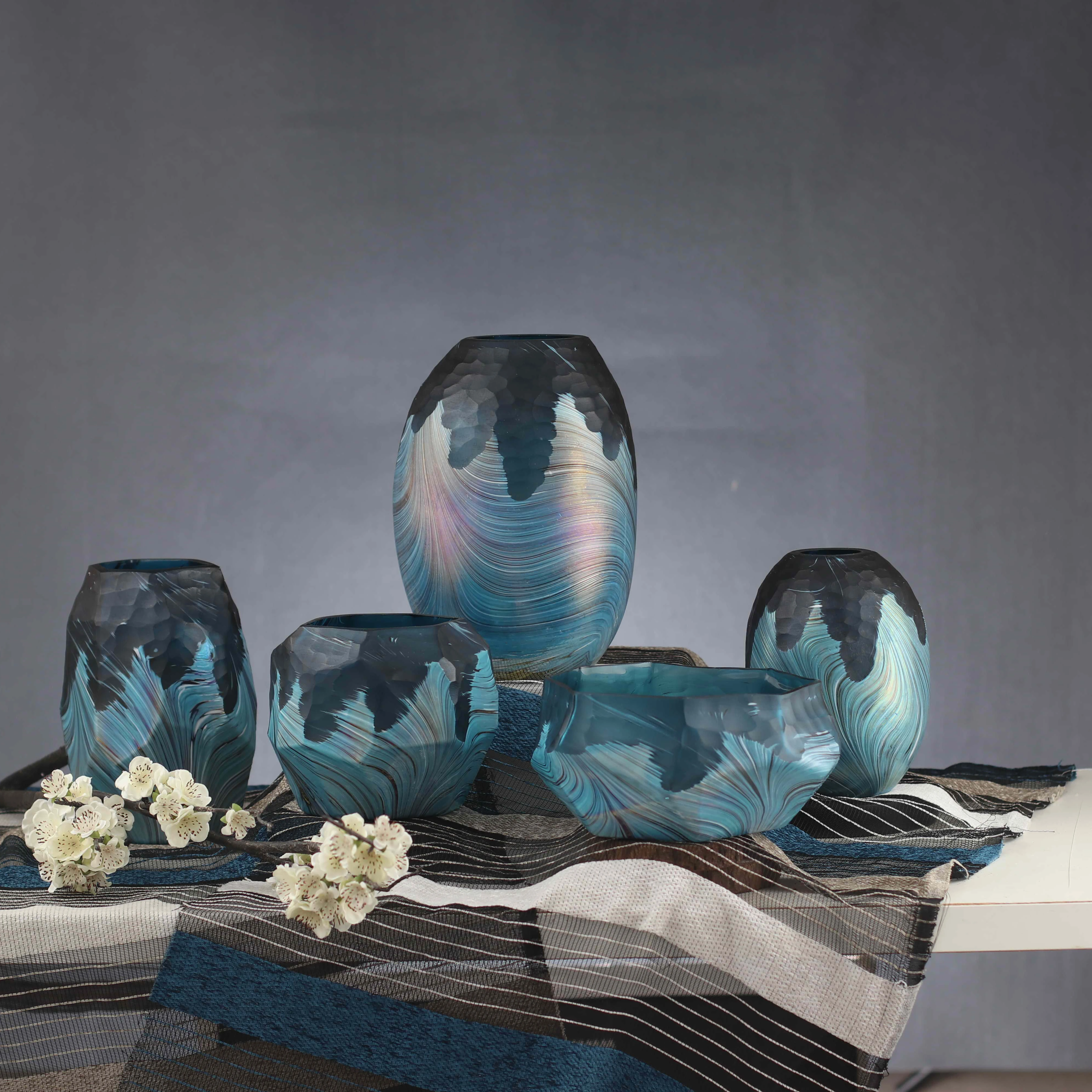 

Wholesale colourful glass Hand-blown etching INS europe blue vases for home or office decoration