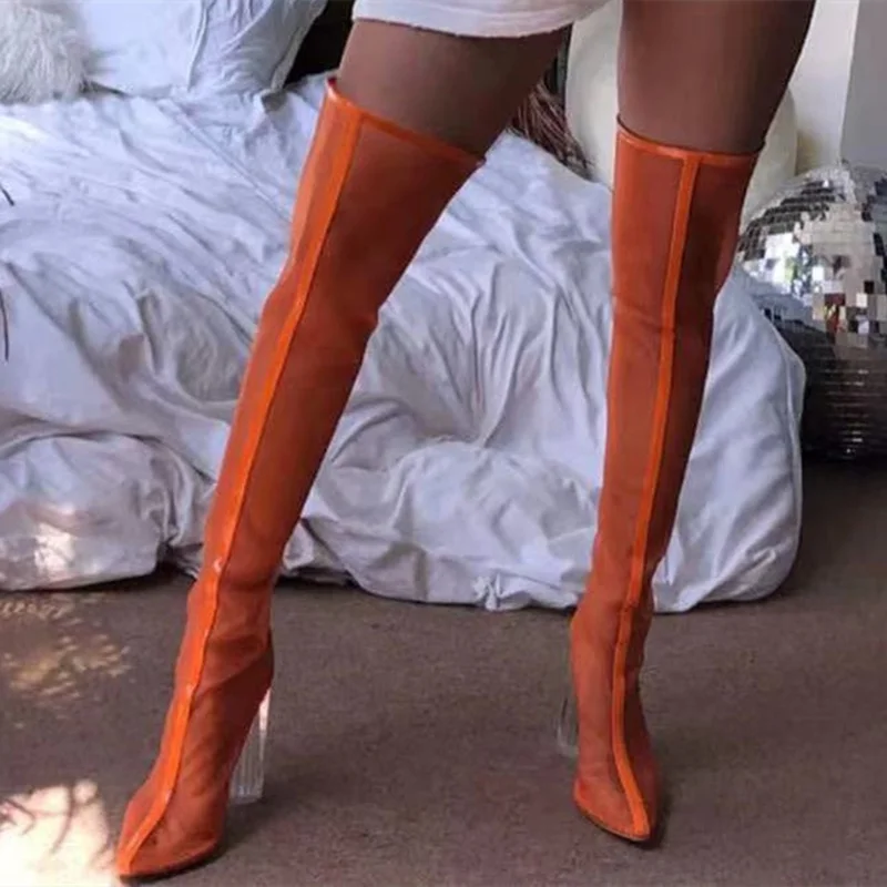 

Customized Big Size 47 Thigh High Sexy Boots Autumn Summer Mesh Breathable Transparent High Heel Over Knee Boots Crystal Heel, Gray apricot green orange