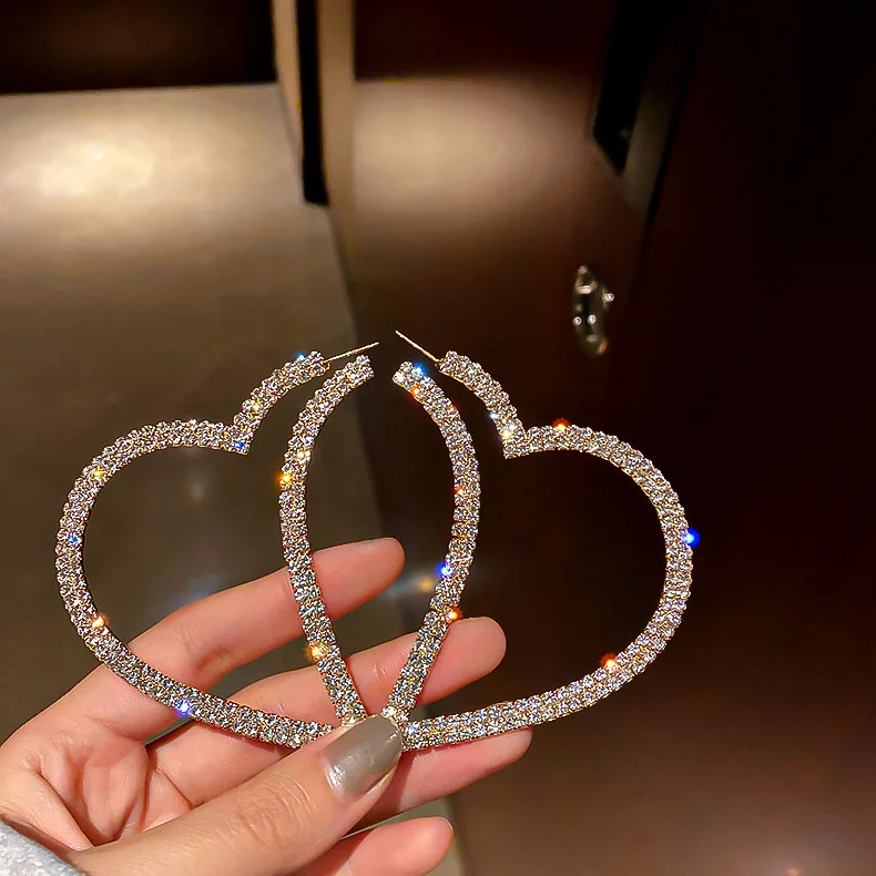 

2021 Love Heart Earrings 925 Silver Needle Full Diamond Bijoux 18k Gold Plated Heart Statement Rhinestone Earrings Aretes