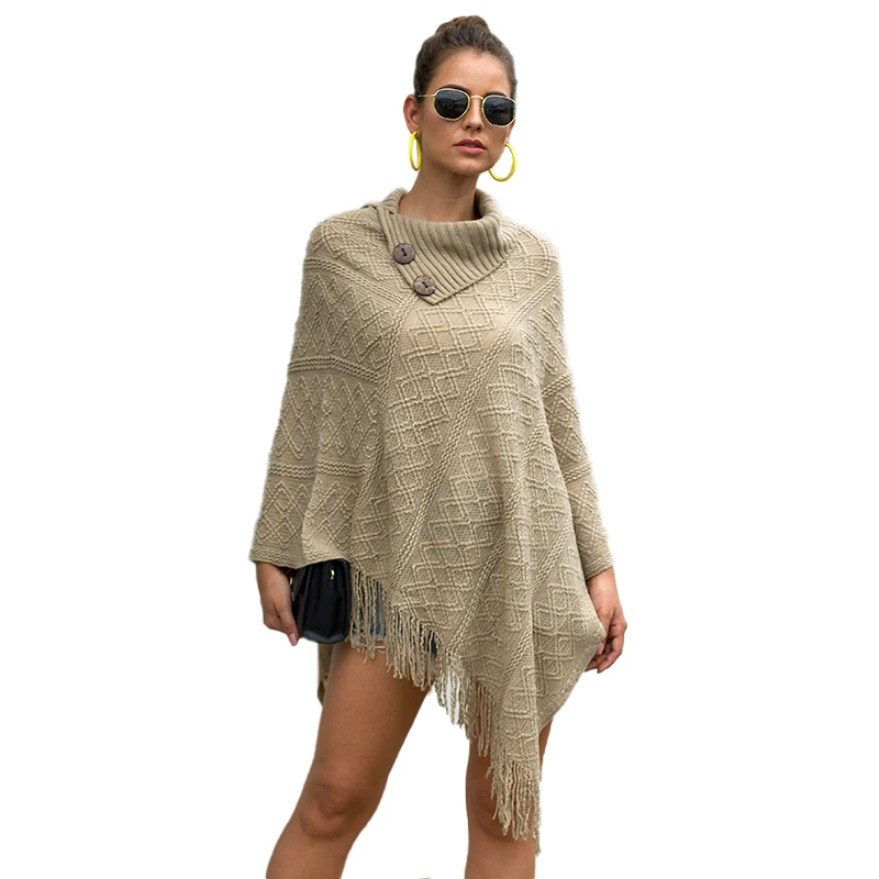 

Wholesale winter ladies fashion solid color long sleeve pullover tops turtleneck women tassel cape knit poncho sweater, 5 colors