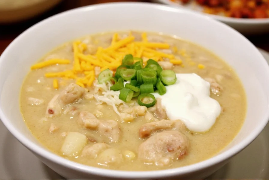 White chicken chili served in a bowl with toppings including sour cream, shredded cheese, and green onions