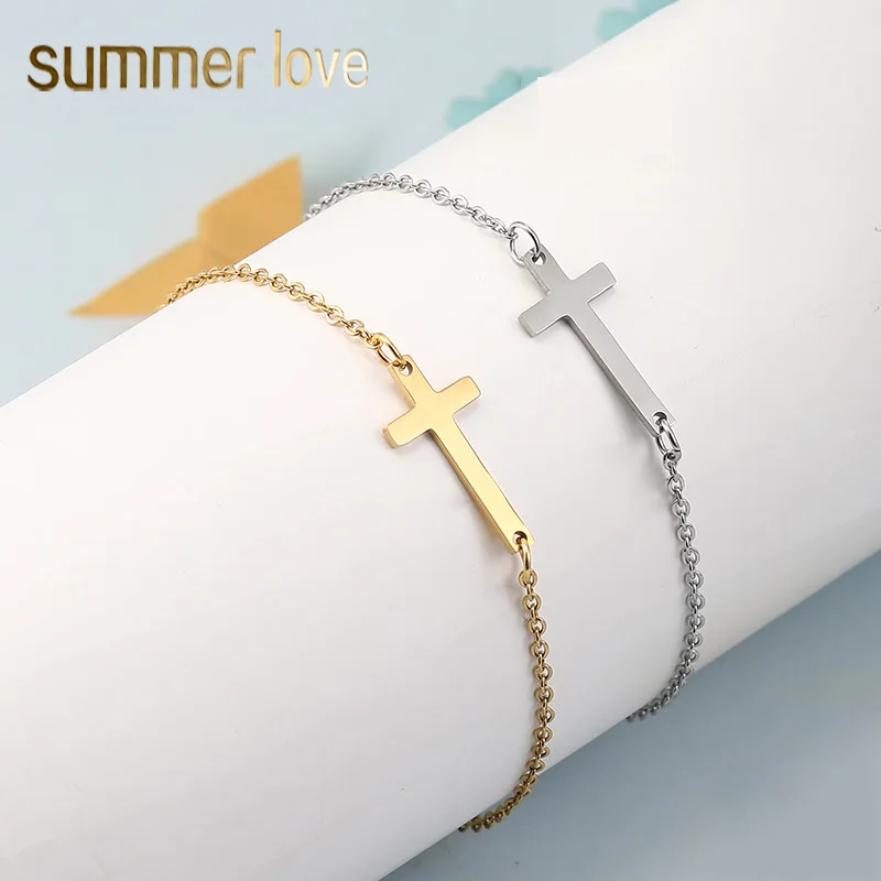 

Hot Selling Simple Stainless Steel Cross Charm Bracelet for Women Classical Religious Jesus Bracelet Jewelry, Sliver gold