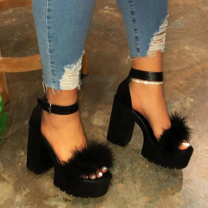 

LW - 9104 hot selling black sandal with fur platform high heels shoes for women