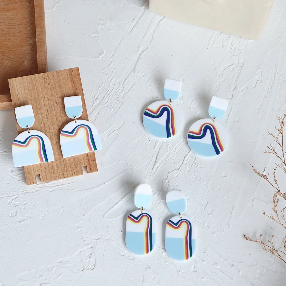 

JUHU Beautiful Blue-and-White Rainbow Printed Acrylic Bohemia Lightness Cute Resin Romantic Stud Earrings For Girl Jewelry, Colorful