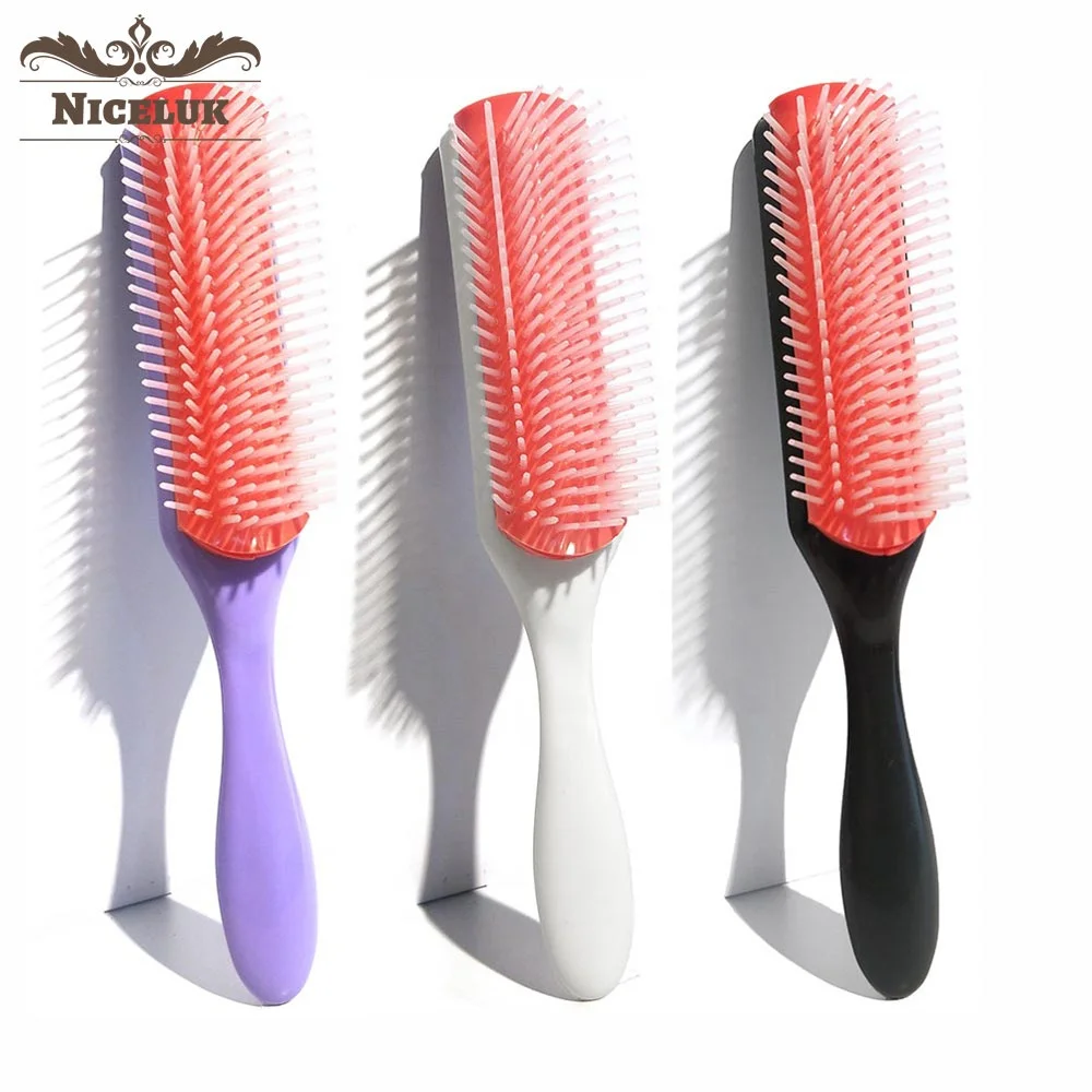 

Niceluk custom natural hard plastic 9 row bristle denman cushion hair brush comb for detangling curly hair packaging
