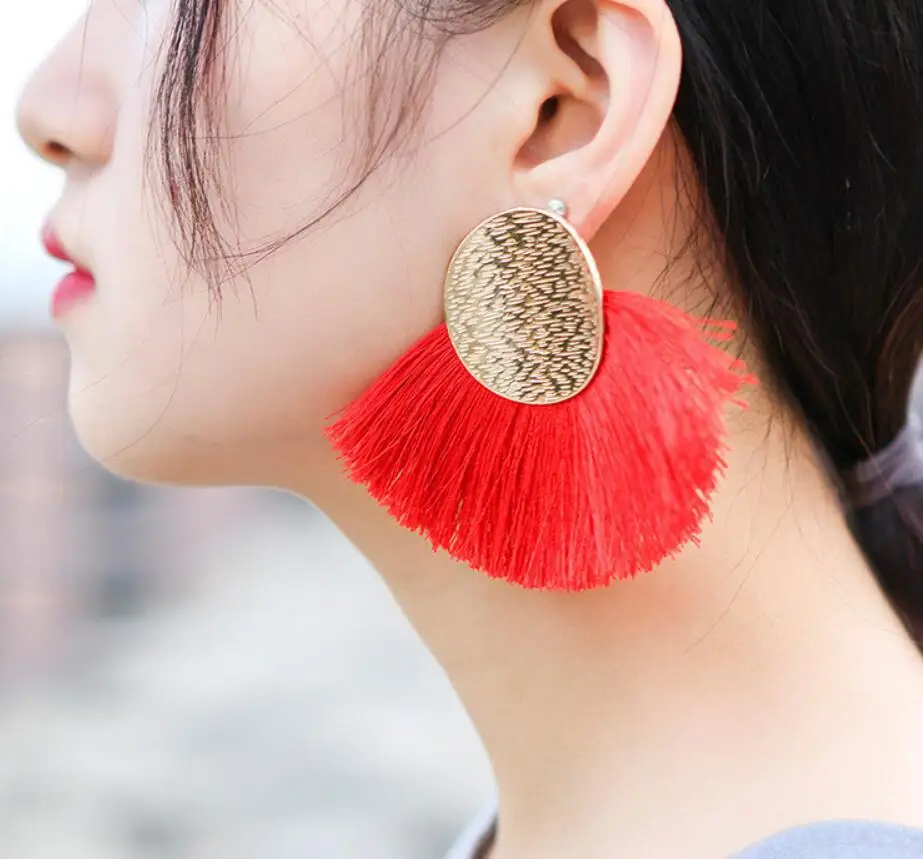

Women's earrings bohemian tassel pop Korean jewelry big circle new leather geometric statement wholesale yellow red blue cc