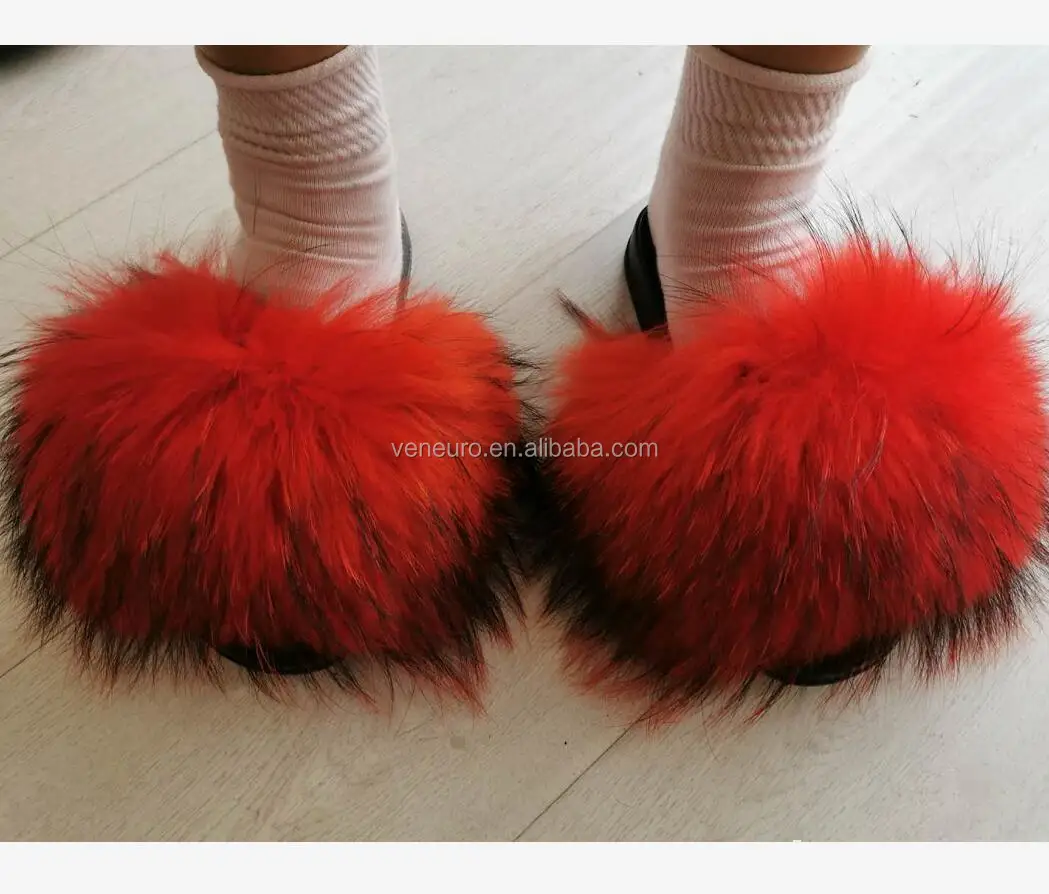 

Fashion Design Women and kids Biggest Whole Raccoon Fur Colorful Sandal Slides Soft Furry Slippers Natural Fur Slides, Customized color