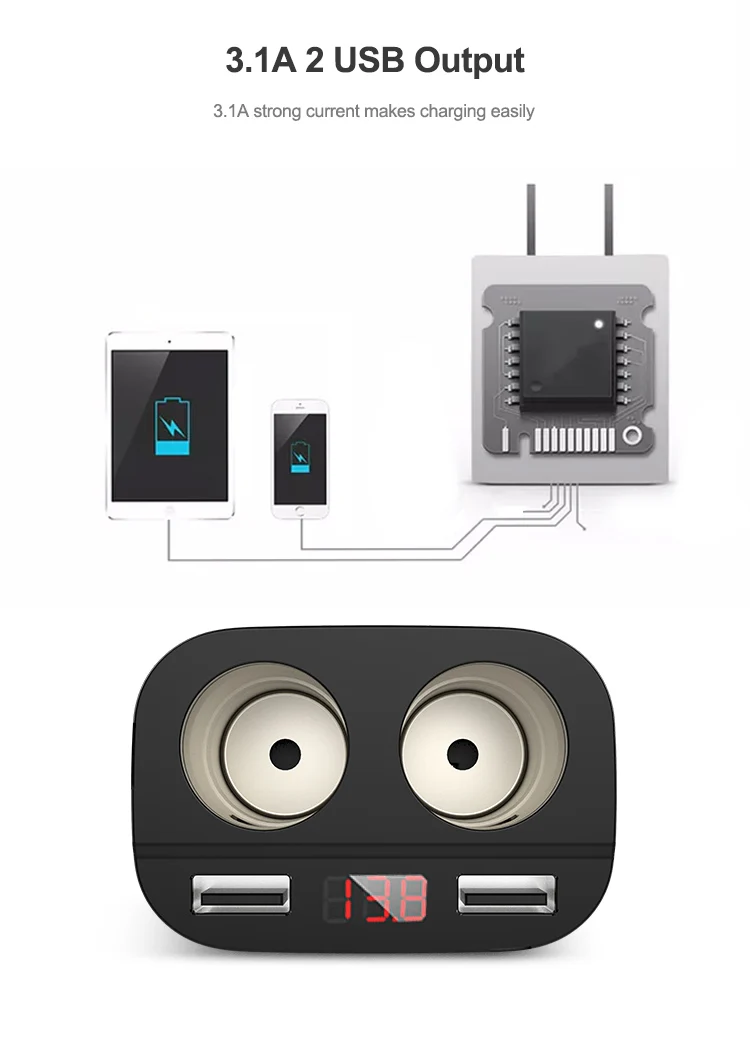 Universal 12V 24V DC 5V 3.1A Fast Charge Cigarette Lighter Adapter Dual USB Car Charger With 2 Cig And Voltage Screen Display