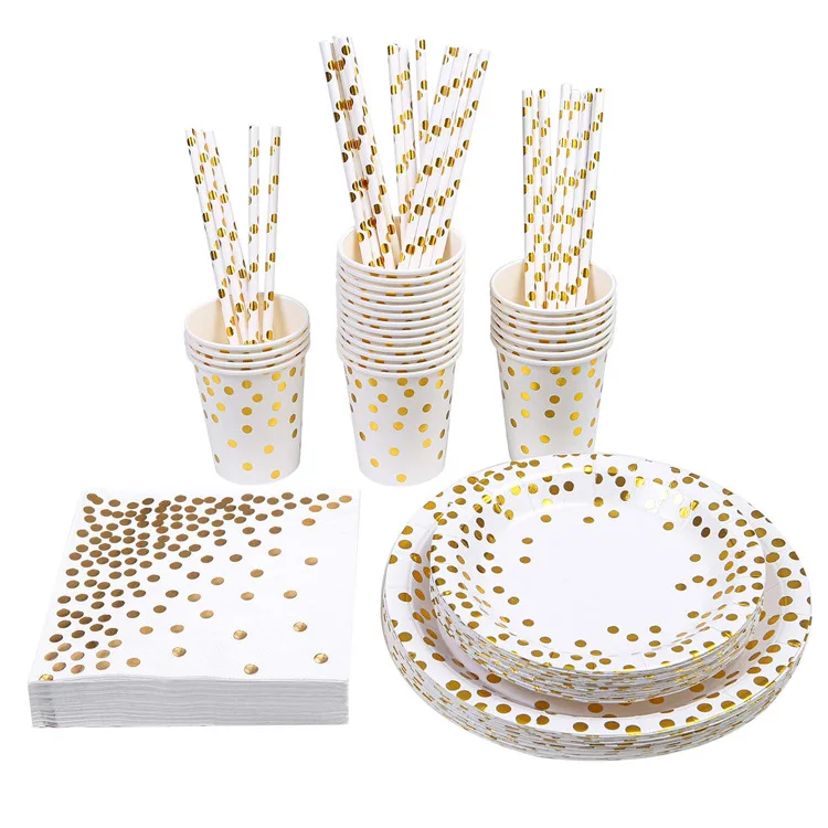 

Disposable 9 inch Birthday Party Supplies Hot Rose Gold Dot Paper Cup Paper Tray Set, Color