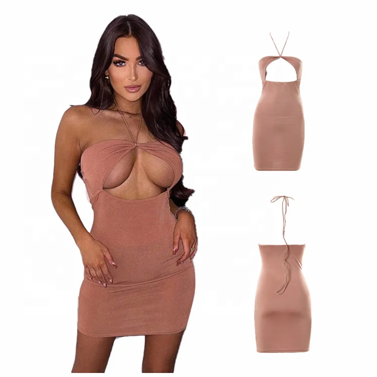 

Fashion Stretch Party Time Hollow Out Sleeveless Skinny Halter Bandage Sexy Tube Top Bodycon Women Mini Club Dresses, In available